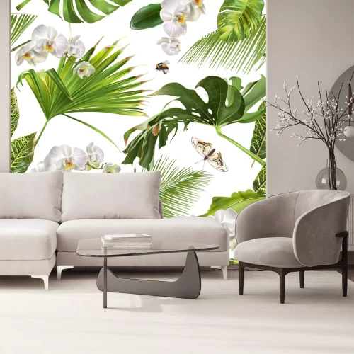 Fotobehang Tropische bladeren en vlinders
