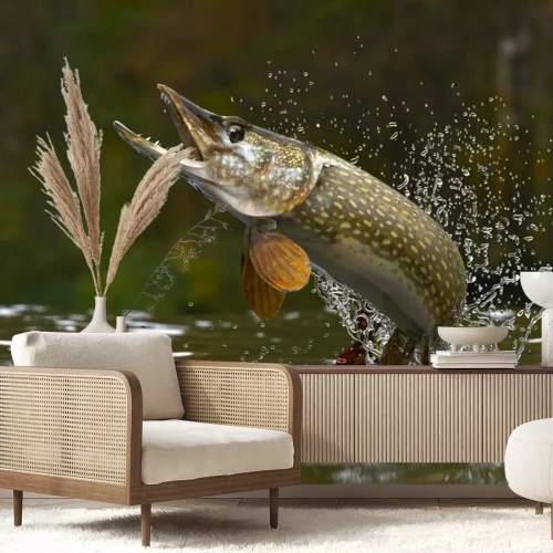 Fotobehang Snoek springt uit het meer