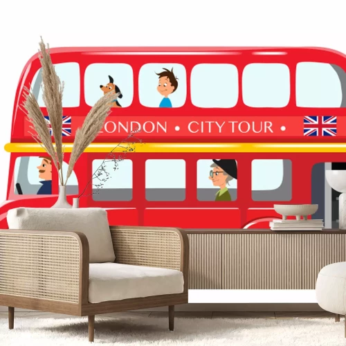 Sticker Vector illustratie geïsoleerd op een witte achtergrond. Engelse rode dubbeldekker bus zijaanzicht vlakke stijl. Element infographic, website, pictogram, ansichtkaarten, plaats voor tekst. Leuke en gra