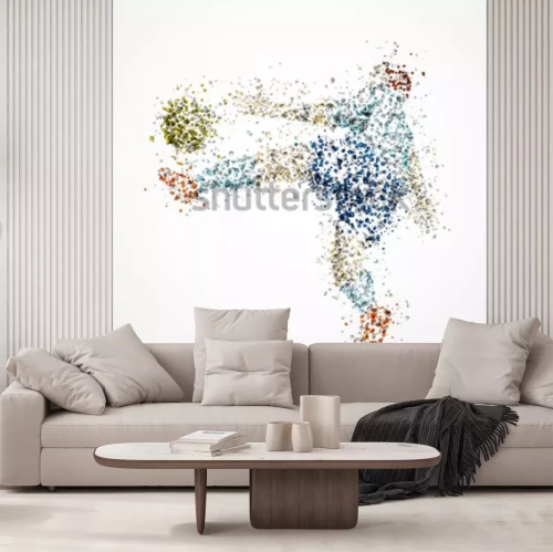 Fotobehang Een voetballer die een bal trapt, gestileerd als pointillisme