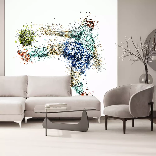 Fotobehang Een voetballer die een bal trapt, gestileerd als pointillisme