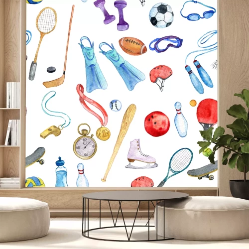 Sticker Aquarel sport doodle naadloze patroon met, met de hand gedroogde achtergrond