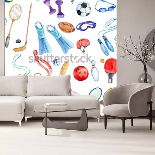 Sticker Aquarel sport doodle naadloze patroon met, met de hand gedroogde achtergrond