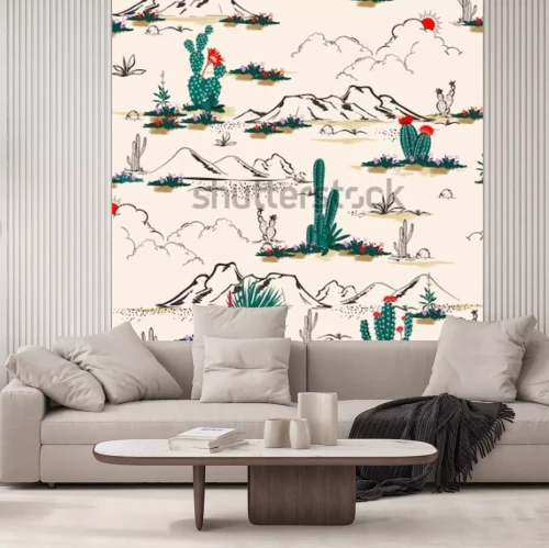 Fotobehang Motief met woestijn en cactussen