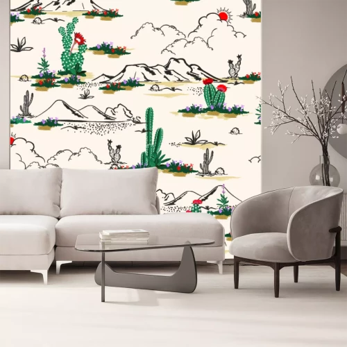Fotobehang Motief met woestijn en cactussen