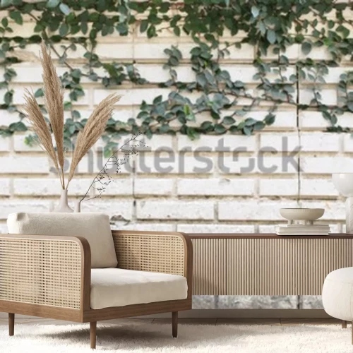 Fotobehang Witte bakstenen muur met klimop