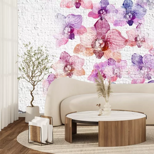 Fotobehang Muur met geschilderde orchidee?n