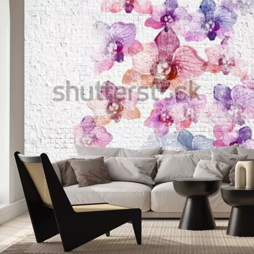 Fotobehang Muur met geschilderde orchidee?n