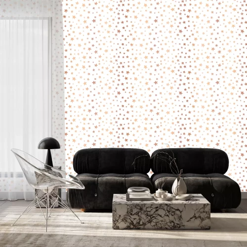 Behang Handgetekende sterren rose goud folie vector achtergrond. Naadloos patroon voor Kerstmis en vieringen. Hand getekend koperen sterren op wit. Voor cadeaupapier, wenskaarten, behang, poster, banner