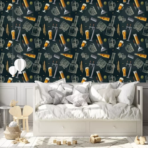 Behang Naadloze patroon biertap, klasse, blik, fles en hop.