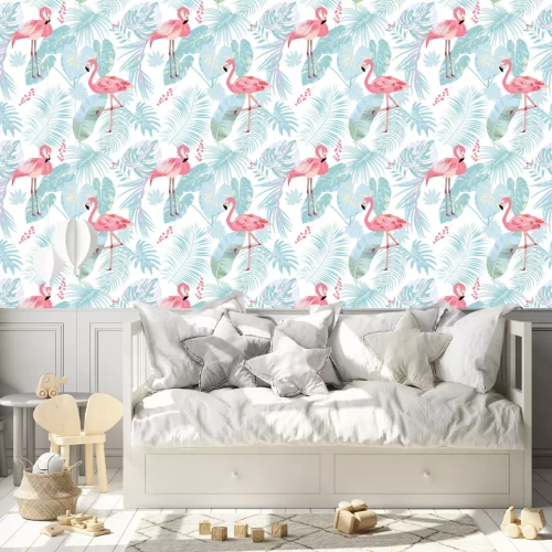 Behang Motief met flamingo's lichtroze op een blauwe achtergrond