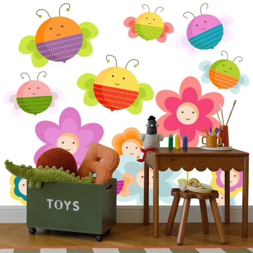 Sticker Kleurrijke bijen en bloemen