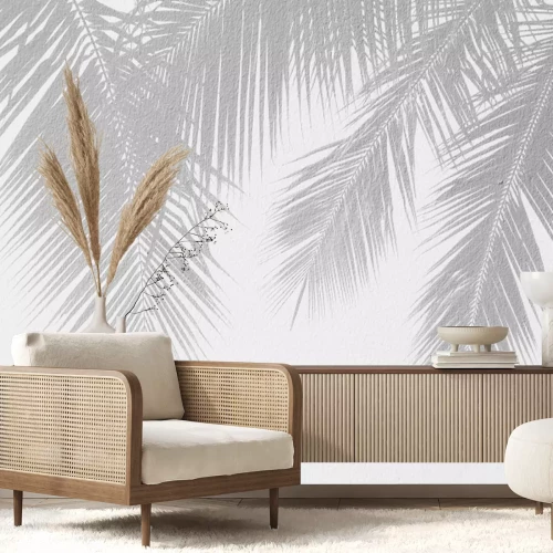 Fotobehang Schaduwen van palmbladeren op een witte muur