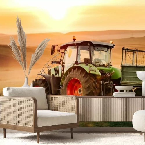 Fotobehang Details van landbouwer die op de gebieden met tractor aan een zonsondergangachtergrond werkt. Landbouw industrie details
