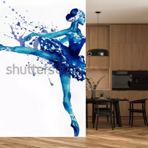 Sticker Dansende ballerina in blauw. Waterverfillustratie