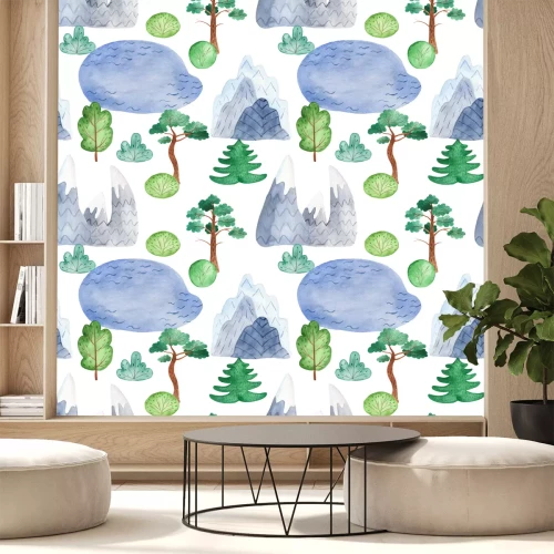 Sticker Waterverf naadloos patroon met bergen, bomen, zee. Textuur voor uitnodigingen, achtergronden, scrapbooking, spullen, test.