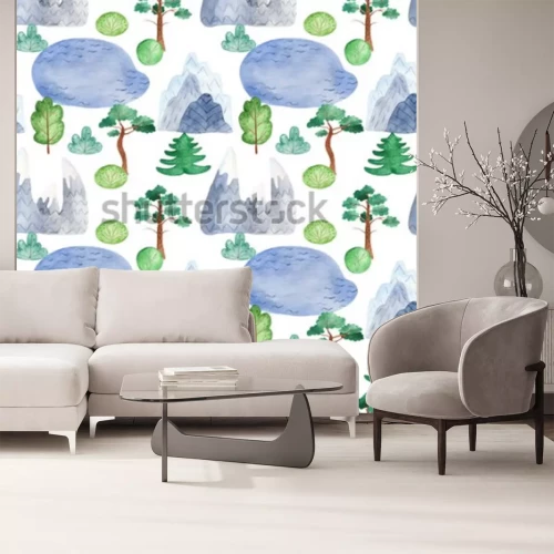 Sticker Waterverf naadloos patroon met bergen, bomen, zee. Textuur voor uitnodigingen, achtergronden, scrapbooking, spullen, test.