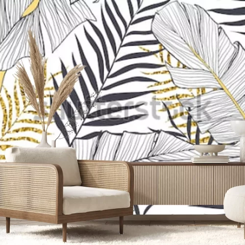 Fotobehang Glamour zwart-wit bladeren