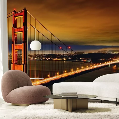 Fotobehang De verlichte Golden Gate Bridge 's nachts