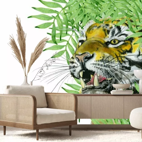 Sticker Een brullende tijger tussen het groen