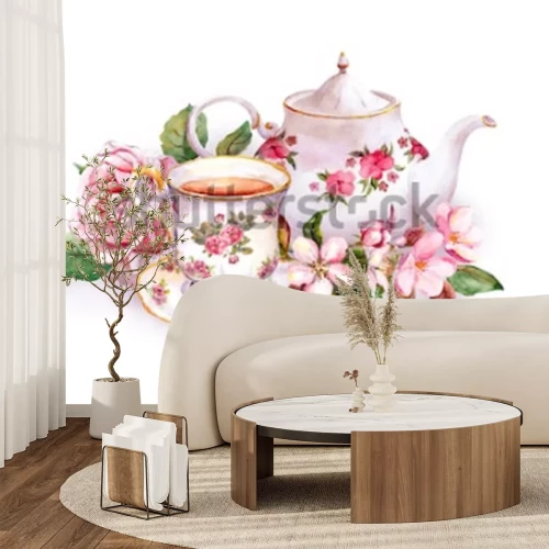 Sticker Decoratieve kop en theepot tussen bloemen