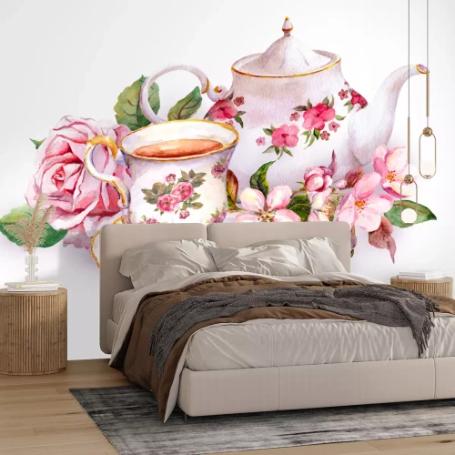 Sticker Decoratieve kop en theepot tussen bloemen