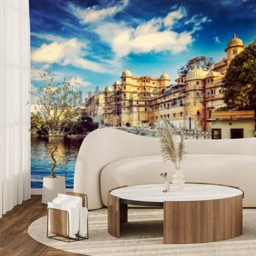Fotobehang Romantisch India luxe toerisme behang - Vintage retro-effect gefilterde hipster stijl beeld van Udaipur City Palace en Lake Pichola. Udaipur, Rajasthan, India