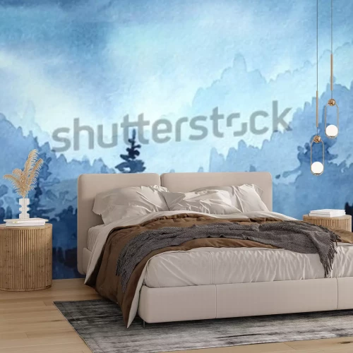 Sticker Waterverfhand getrokken illustratie met de Winterbos. Winterlandschap met kerstbomen. Kerstkaart