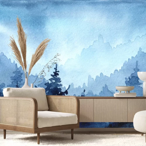 Sticker Waterverfhand getrokken illustratie met de Winterbos. Winterlandschap met kerstbomen. Kerstkaart