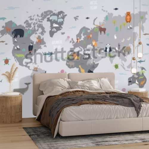 Fotobehang Grijze wereldkaart met dierenillustraties