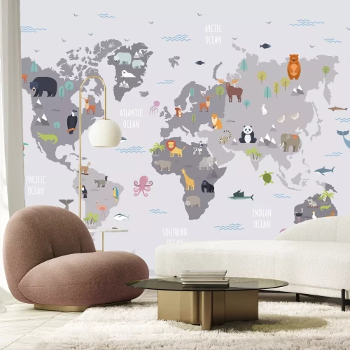 Sticker Grijze wereldkaart met dierenillustraties