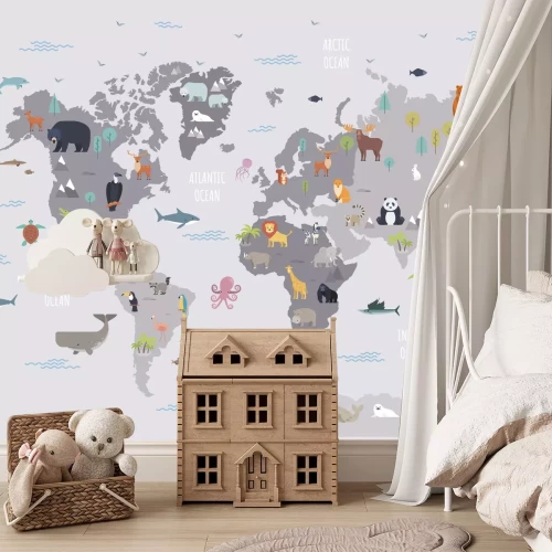 Sticker Grijze wereldkaart met dierenillustraties