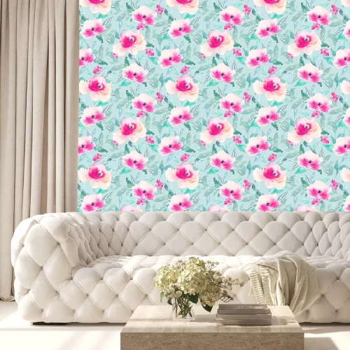 Behang Aquarel bloemen en bladeren in shabby chic stijl