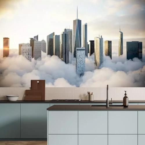 Fotobehang De stad boven de wolken, wolkenkrabbers