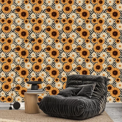 Behang Afdrukbare naadloze vintage herfst herhalen patroon achtergrond met madeliefjes en zonnebloemen. Botanisch behang, rasterillustratie in super Hoge resolutie.