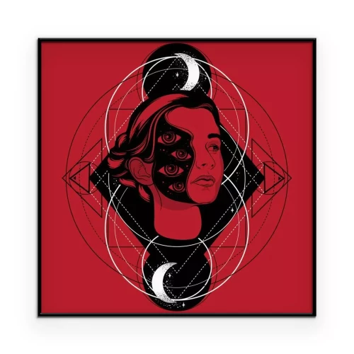 Poster Surrealistisch portret van een vrouw tegen een rode achtergrond.