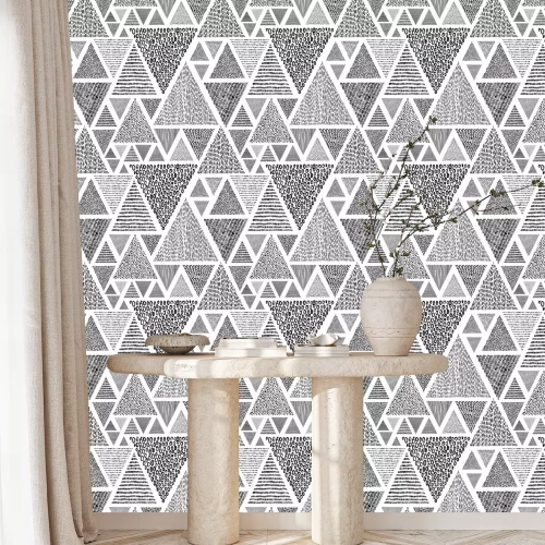 Behang Handgetekende driehoeken in doodle stijl naadloos patroon. Zwart-wit print voor textiel. Etnische en tribale motieven.