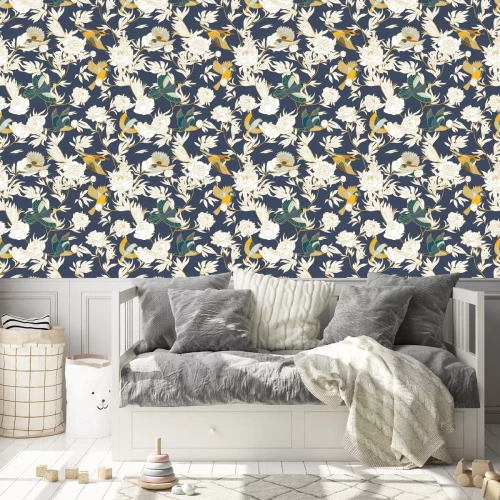 Behang Oosterse vogels en pioenrozen in oosterse stijl