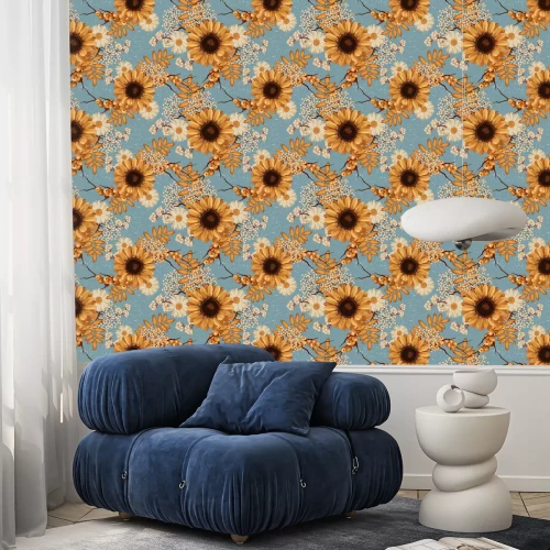 Behang Zonnebloemen en planten op een blauwe achtergrond