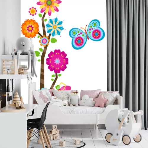 Sticker Een veelkleurige vlinder bij een abstracte regenboogbloem