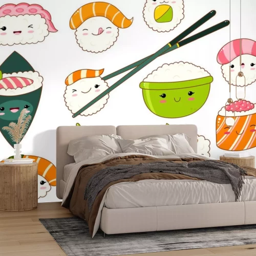 Sticker Set van schattige sushi en broodjes pictogrammen in kawaii stijl