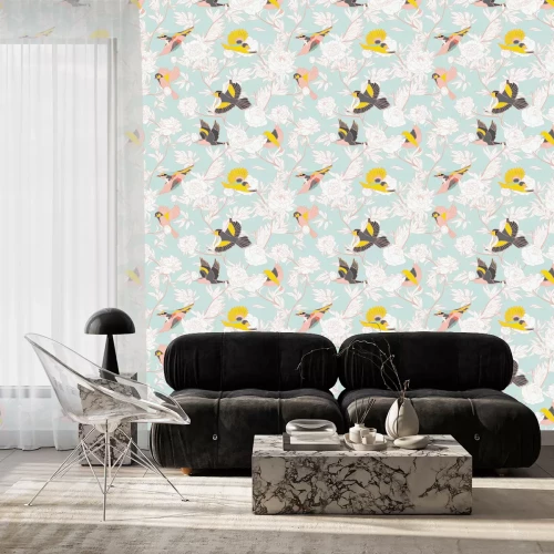 Behang Witte bloemen en vogels pasteltinten