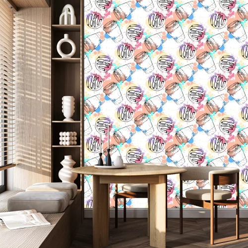 Behang Mooi hand getrokken vector naadloos patroon met koffie en doughnut.