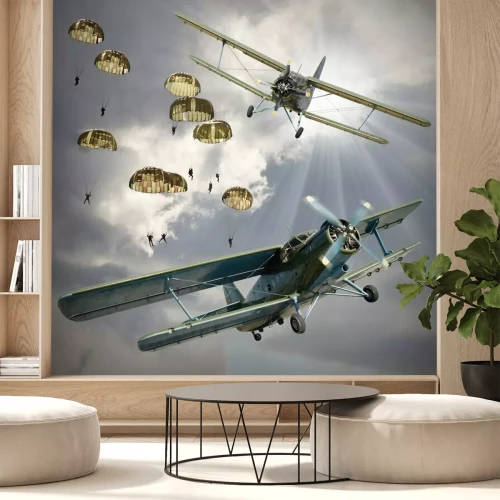 Fotobehang Retrovliegtuigen en parachutisten