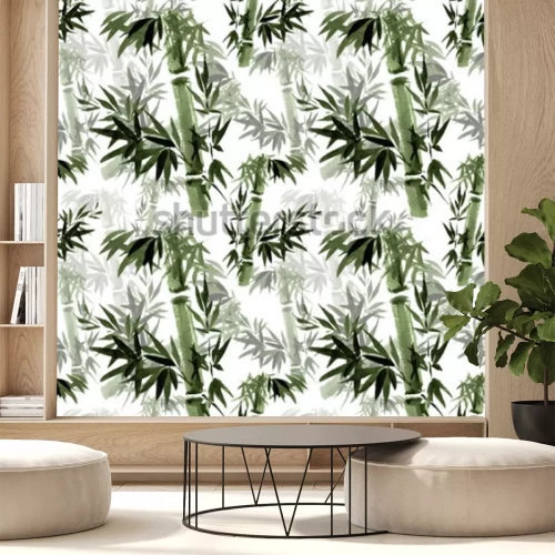 Sticker Werkzame bloemmotief. Het geritsel van bamboe in de wind. Oosterse traditionele kunst, aquarel, inkt, penseelvrij.