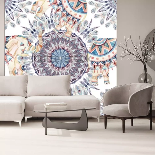 Sticker Van de waterverf etnische olifant en veer mandala achtergrond. Abstract veer mandala naadloos patroon met sierlijke Indiase olifanten op witte achtergrond. Handgeschilderde illustratie voor boho, trib