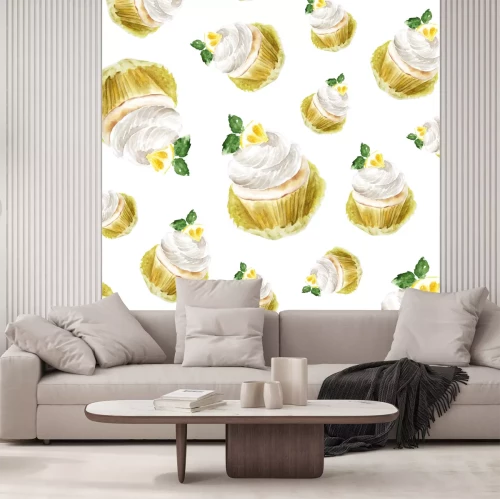 Sticker Citroen cupcake met roommunt, de muffinedessert van de waterverfillustratie. kunstdruk, modeschets. bakkerij zoete cake fruit citrus.pattern