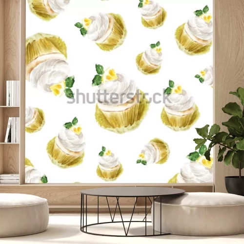 Sticker Citroen cupcake met roommunt, de muffinedessert van de waterverfillustratie. kunstdruk, modeschets. bakkerij zoete cake fruit citrus.pattern