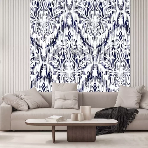 Sticker Blauwe Ikat Ogee en Damascus ornament Naadloos achtergrondpatroon. Abstracte achtergrond voor textielontwerp, behang, oppervlaktetexturen.