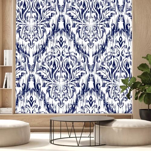 Sticker Blauwe Ikat Ogee en Damascus ornament Naadloos achtergrondpatroon. Abstracte achtergrond voor textielontwerp, behang, oppervlaktetexturen.